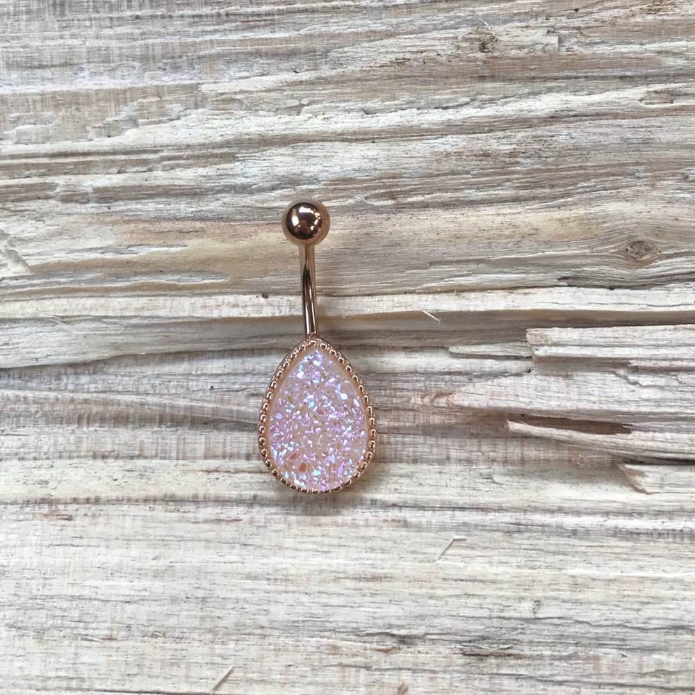 Rose Gold Druzy Teardrop Belly Button Ring‎